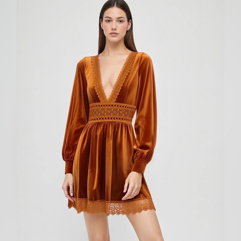 CIDER VELVET PLUNGING V-NECK BOHO CROCHET LACE TRIM BABYDOLL MINI DRESS - xl